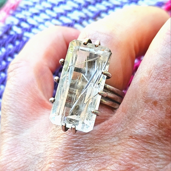 Vintage Huge Rutilated White Quartz Sterling Silver Ring - Picture 1 of 14